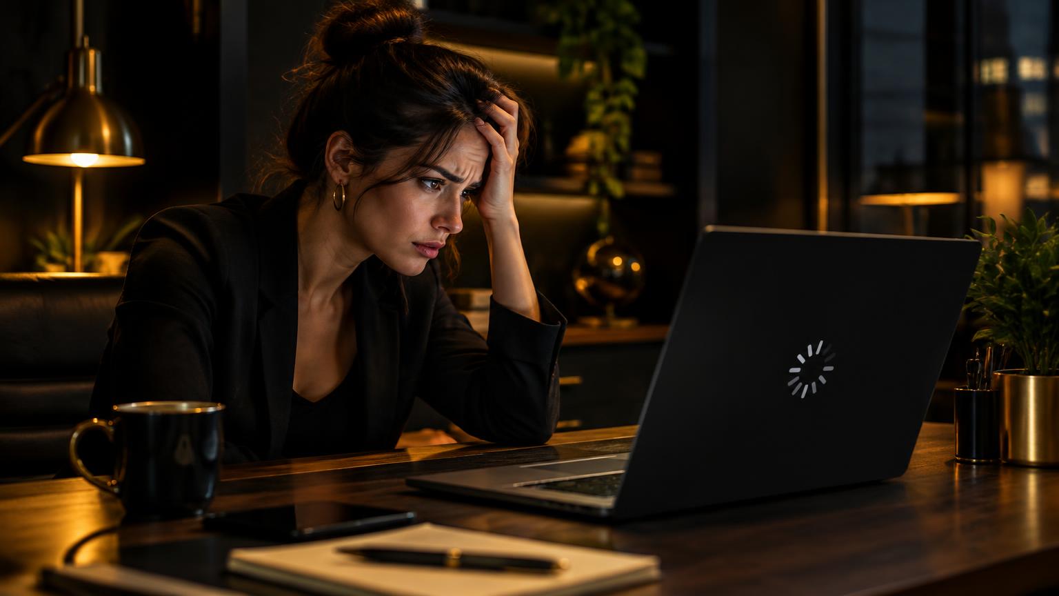 Small business owner frustrated by a slow-loading website on a laptop