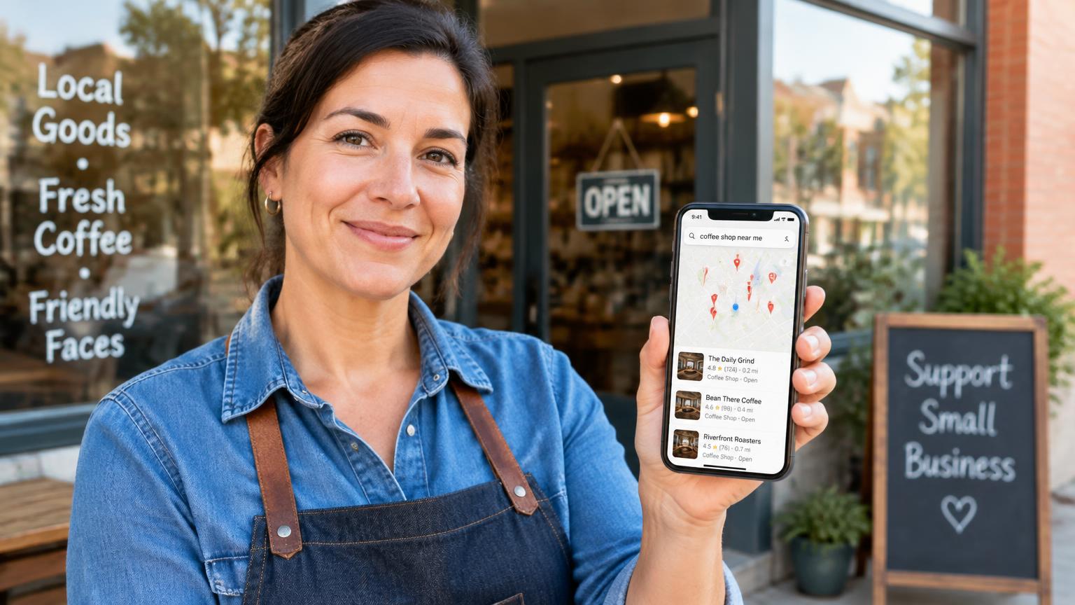 Small business owner holding a phone showing a local map search outside her shop