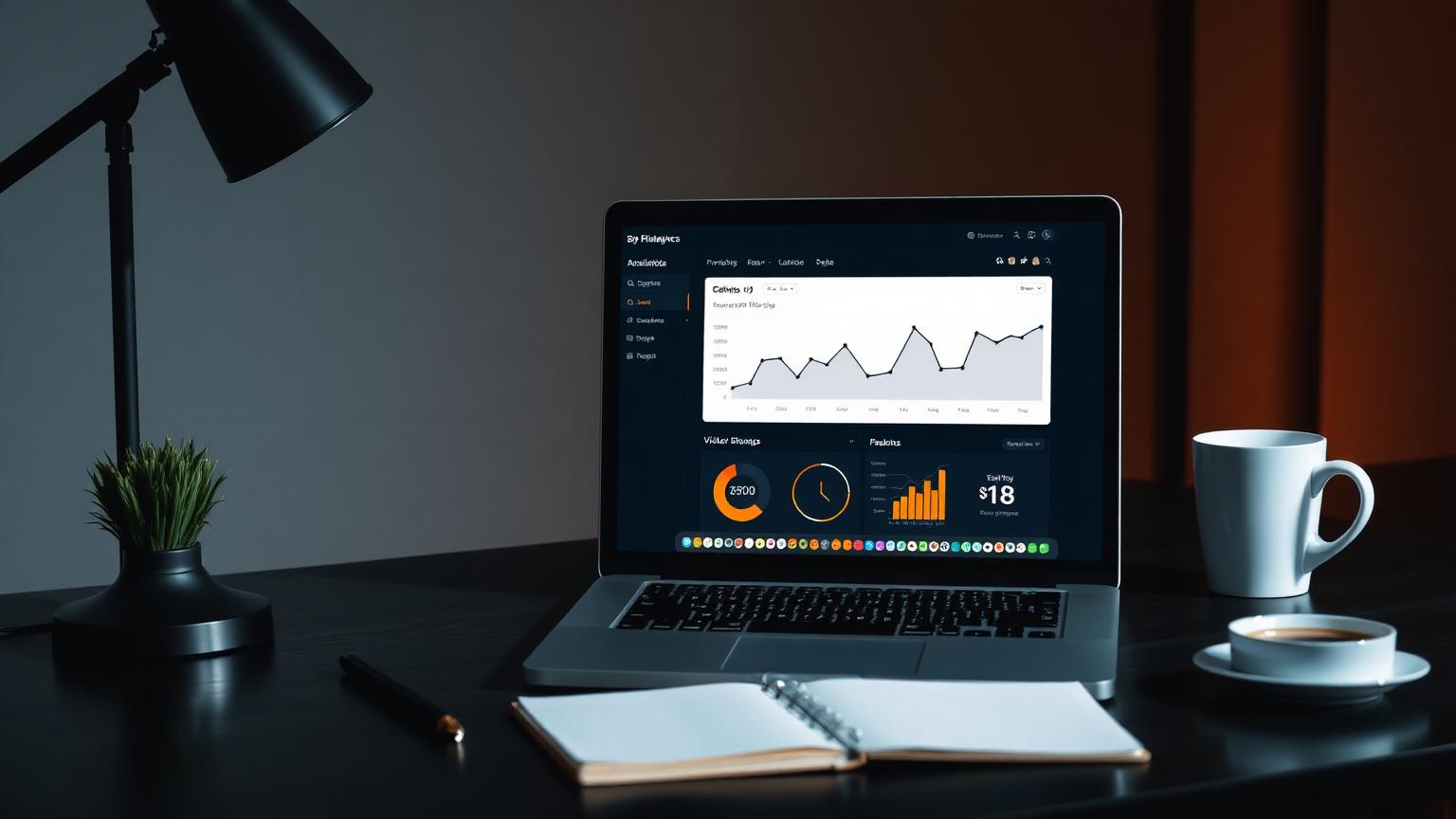 Laptop on a dark desk showing a website analytics dashboard with visitor traffic charts